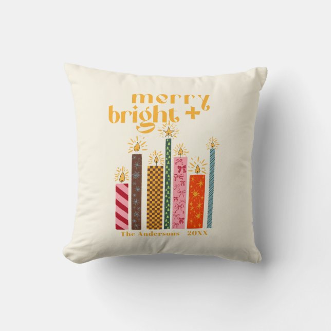 Coussin Joyeux Noël Merry + Bright illustré à la main  (Recto)