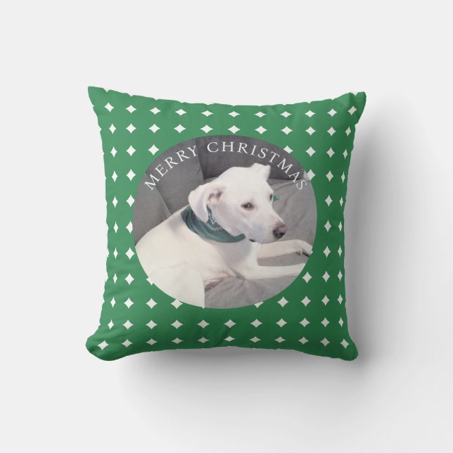 Coussin Joyeux Noël mignon chien blanc rond photo vert (Recto)