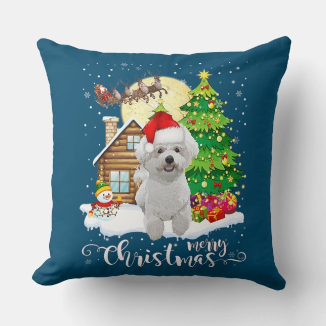 Coussin Joyeux Noël mignonne Bichon Frise Père Noël avec N (Recto)