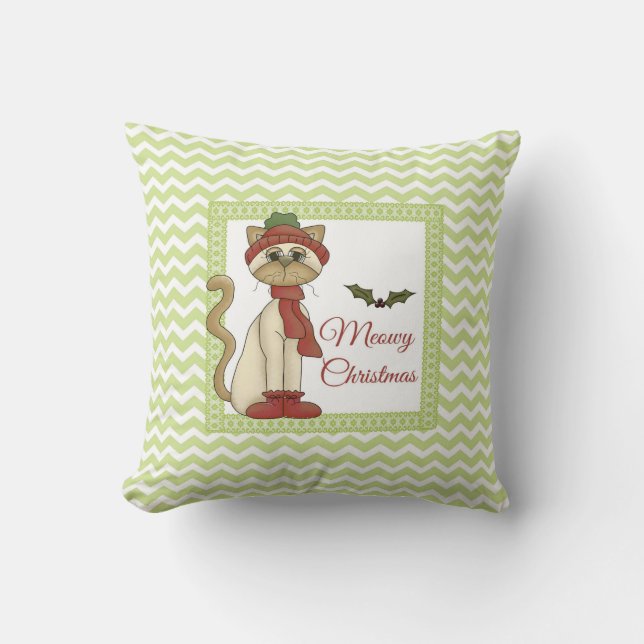 Coussin Joyeux Noël Minou avec fond vert chevron (Recto)