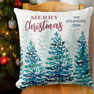 Coussin Joyeux Noël Moderne Aquarelle Forêt Arbres