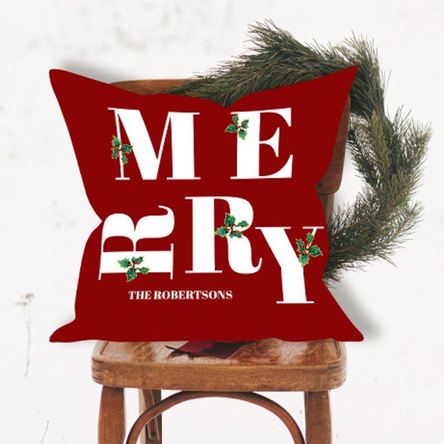 Coussin Joyeux Noël moderne Rouge Blanc Holly Aquarelle (Créateur téléchargé)