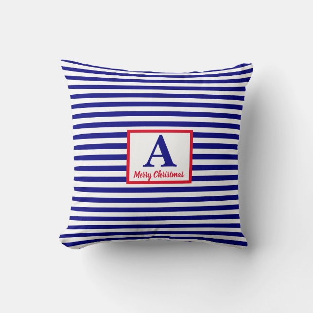 Coussin Joyeux Noël Monogramme Nautique Rouge Bleu Blanc (Recto)
