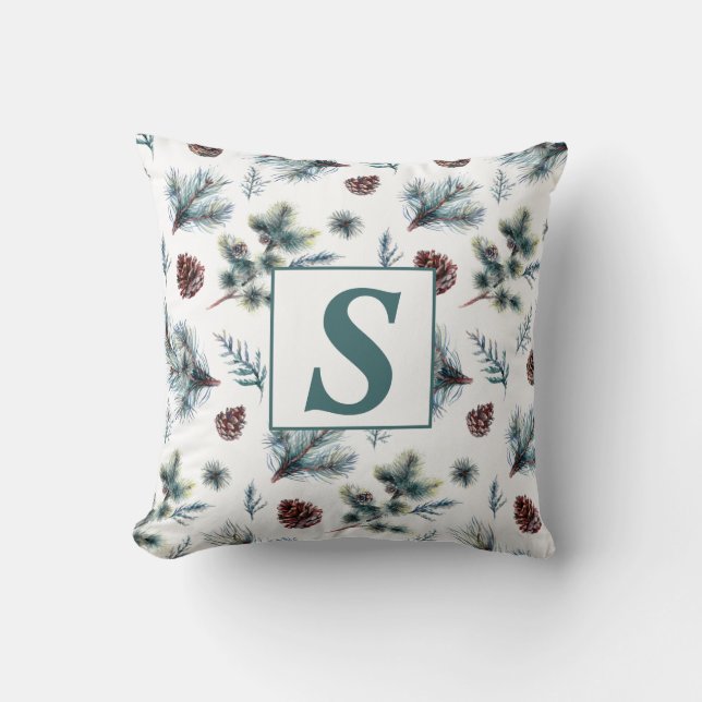 Coussin Joyeux Noël Monogramme Vert Marron Blanc Pin (Recto)