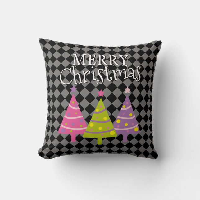 Coussin Joyeux Noël noir moderne Arbres roses (Recto)