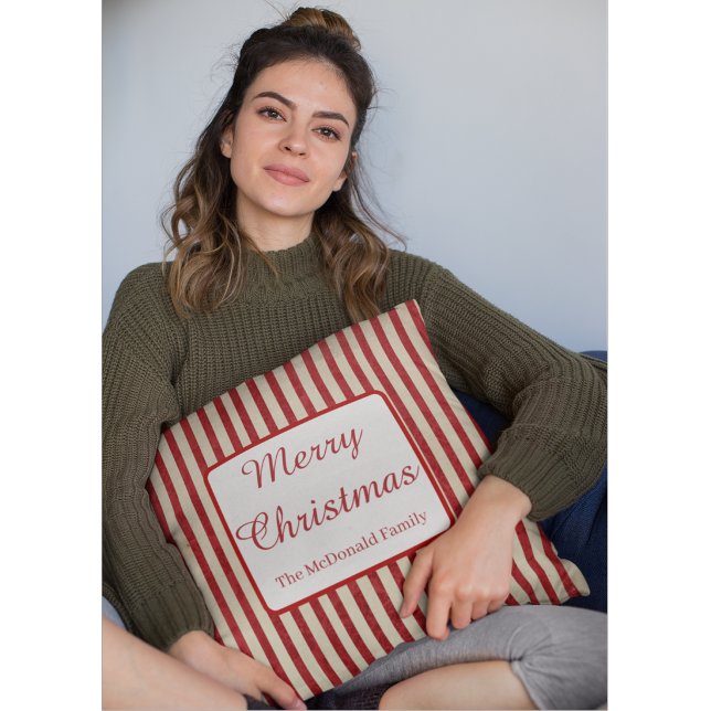 Coussin Joyeux Noël nom personnalisé rayures rouges (Créateur téléchargé)