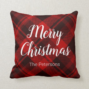 Coussin Joyeux Noël Nom personnalisé Rouge Noir Plaid
