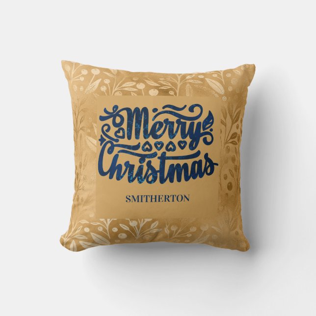 Coussin Joyeux Noël Or Bleu Marine Écriture Pinceau Nom (Recto)