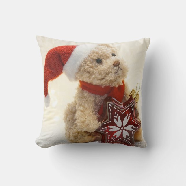 Coussin Joyeux Noël, Ours Teddy Avec Chapeau De Père Noël (Recto)