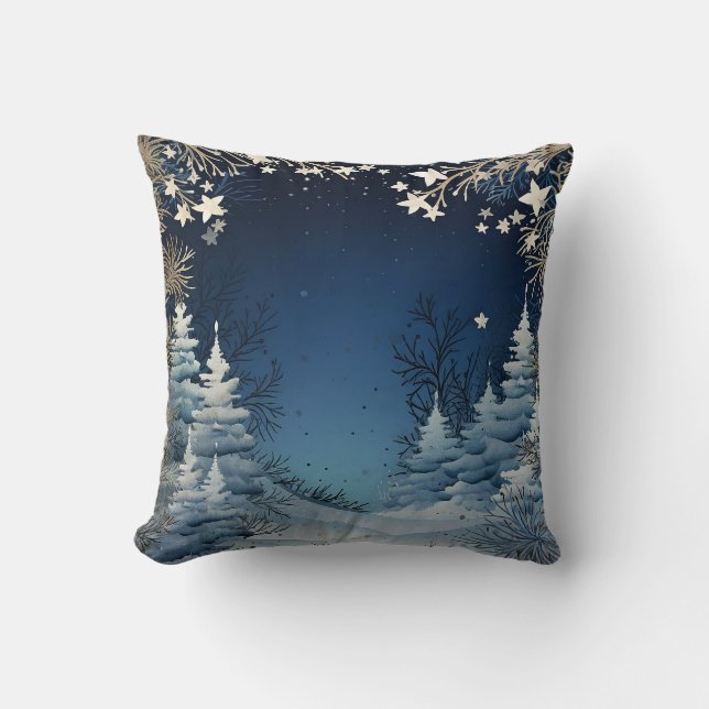 Coussin Joyeux Noël paillettes de neige décoratives bleues (Recto)