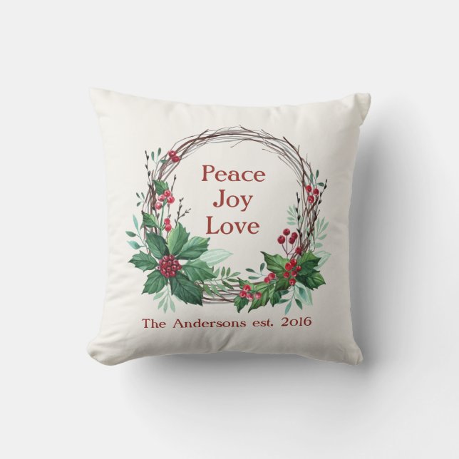 Coussin Joyeux Noël Paix Joie Amour Holly Wreath Russe (Recto)