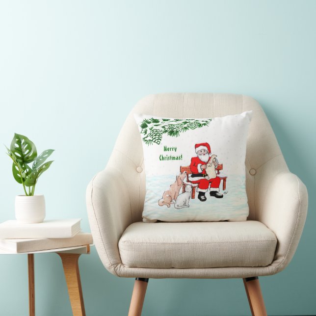Coussin Joyeux Noël! Père Noël avec chat et chien (Chaise)