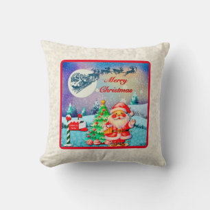 Coussin Joyeux Noël Père Noël, Sleigh, Reindeer, Snowflake