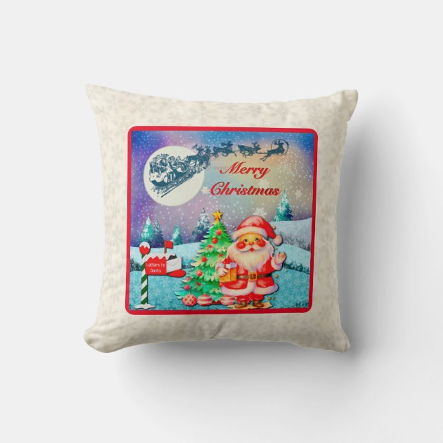 Coussin Joyeux Noël Père Noël, Traîneau, Renne, Flocon de  (Recto)