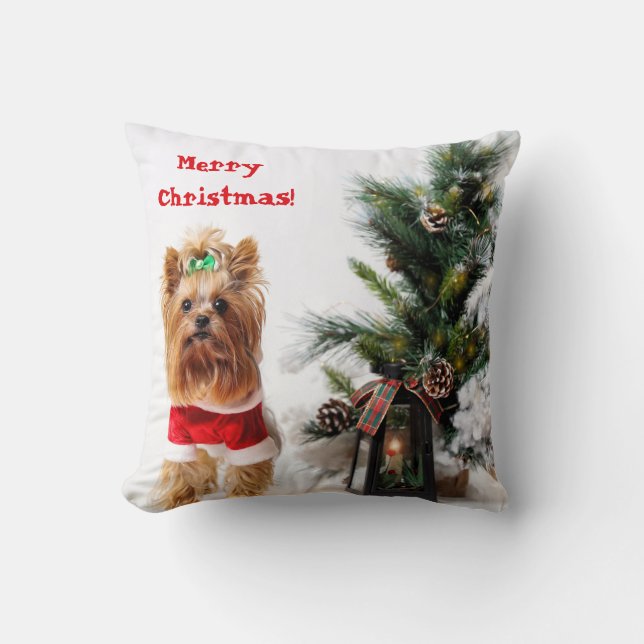 Coussin Joyeux Noël Père Noël Yorkie avec arbre de Noël (Recto)