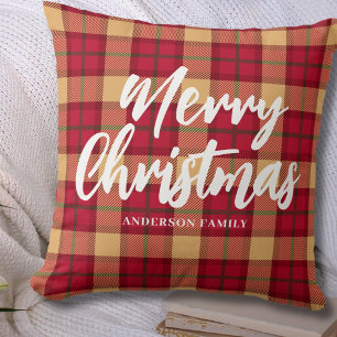 Coussin Joyeux Noël personnalisé à carreaux rouges vintage