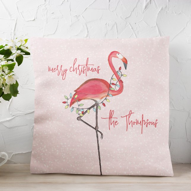 Coussin Joyeux Noël Personnalisé Flamant rose rose (Christmas "Merry Christmas" cute whimsical pink flamingo throw pillow)