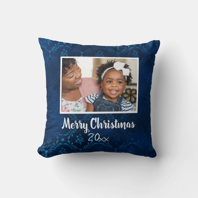 Coussin Joyeux Noël Photo Année Bleu Marine (Recto)