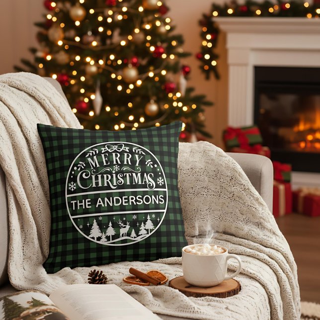 Coussin Joyeux Noël Plaid Vert & Noir Nom Personnalisé (Créateur téléchargé)