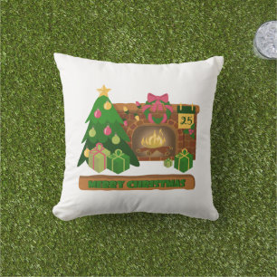 Coussin Joyeux Noël près de la cheminée bonfire xmas arbre