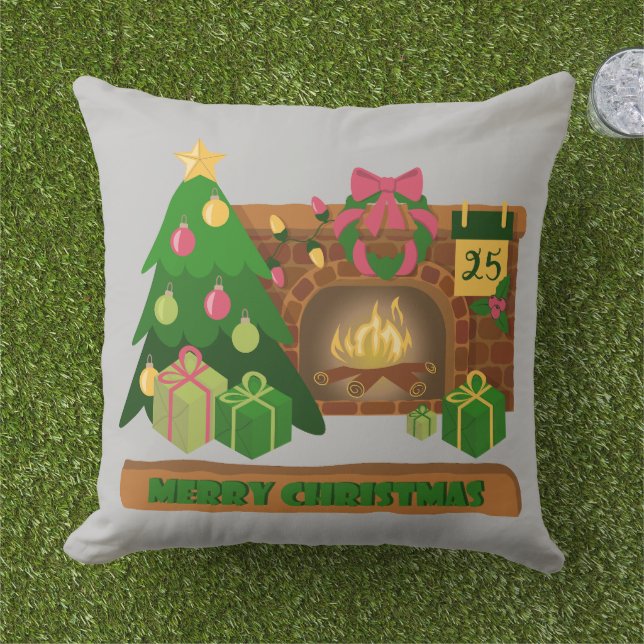 Coussin Joyeux Noël près de la cheminée bonfire xmas arbre (Herbe)