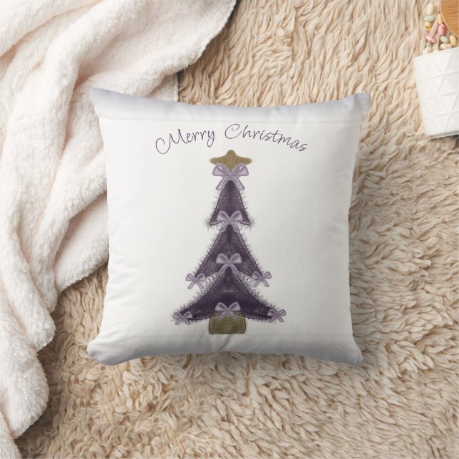 Coussin Joyeux Noël Purple Bows Ribbons Gold Star Tree (Couverture)
