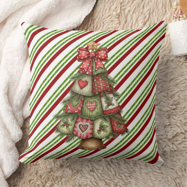 Coussin Joyeux Noël rayé avec arbre (Couverture)