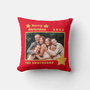 Coussin Joyeux Noël Red Gold Stars Photo de famille