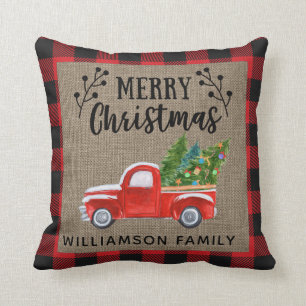 Coussin Joyeux Noël Red Truck Red Buffalo Check Family
