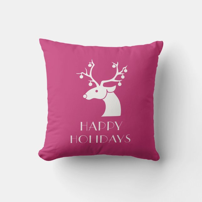 Coussin JOYEUX NOËL Renne de Noël rose et blanc (Recto)