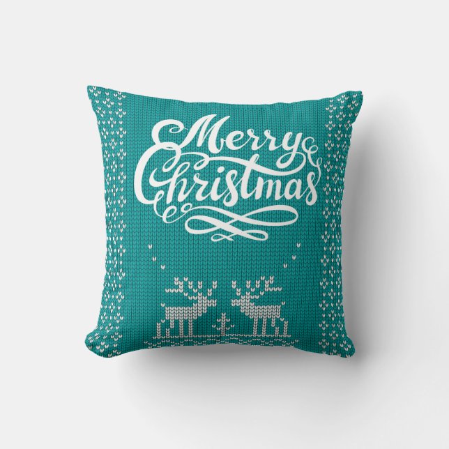 Coussin Joyeux Noël Renne Tissé Scandinave Sarcelle (Recto)