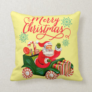 Coussin Joyeux Noël rétro Père Noël en Candy Car