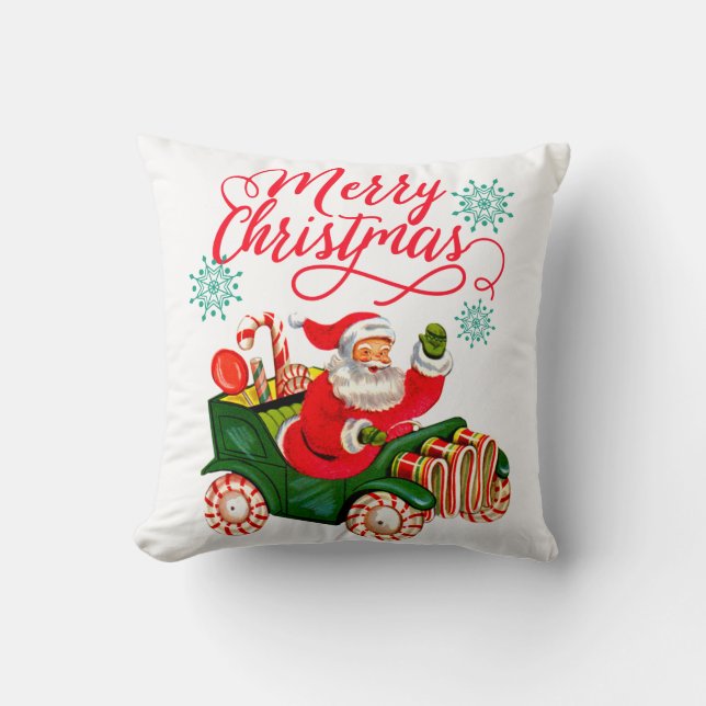 Coussin Joyeux Noël rétro Père Noël en voiture Candy (Recto)