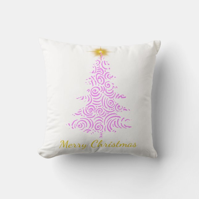 Coussin Joyeux Noël, rose et or arbre avec étoile (Recto)