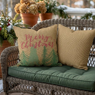 Coussin Joyeux Noël rouge arbres verts faux jute toile de