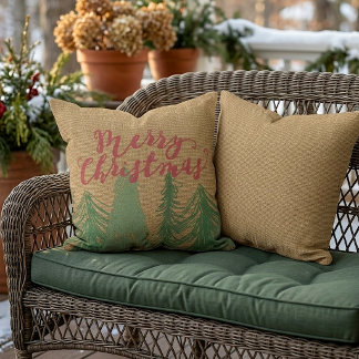 Coussin Joyeux Noël rouge arbres verts faux jute toile de