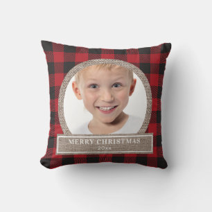 Coussin Joyeux Noël Rouge Buffalo Plaid Burlap Photo