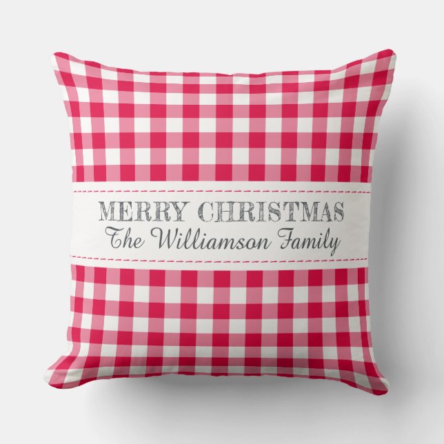 Coussin Joyeux Noël Rouge Gingham Monogramme Nom (Recto)