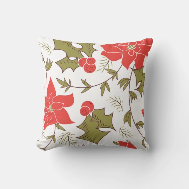 Coussin Joyeux Noël rouge poinsettia vert eul (Recto)