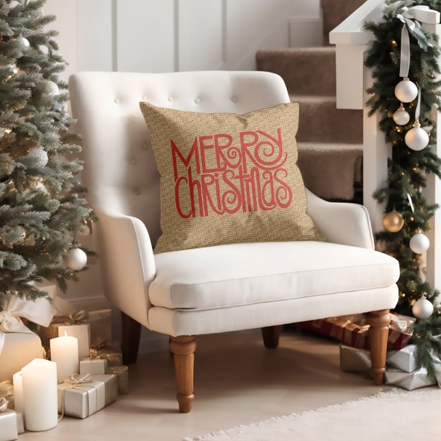 Coussin Joyeux Noël Rouge Sur Faux Jute Burlap (Créateur téléchargé)