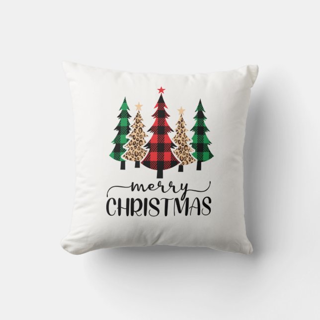 Coussin Joyeux Noël Rouge Vert et Noir Plaid Arbres (Recto)