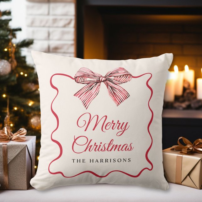 Coussin Joyeux Noël Ruban Prépa Famille Monogramme (Merry Christmas Preppy Bow Family Monogram Throw Pillow
)
