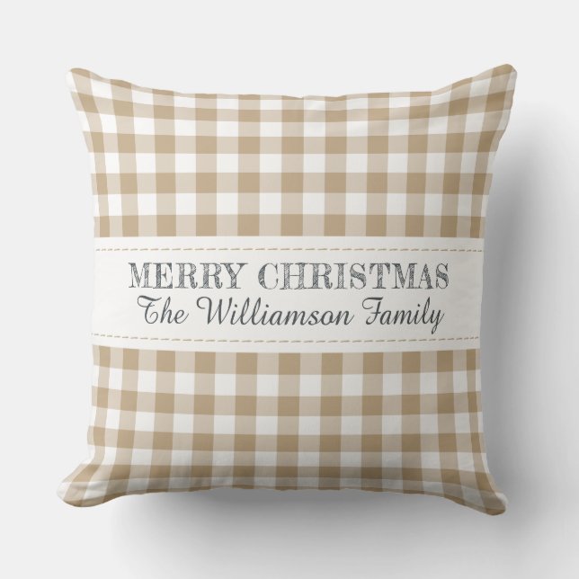 Coussin Joyeux Noël rustique En vichy Nom du monogramme (Recto)