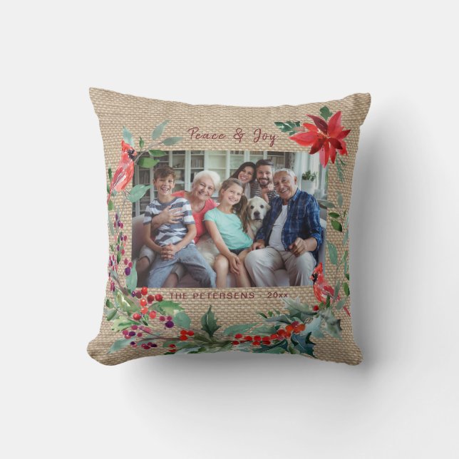 Coussin Joyeux Noël rustique floral famille photo burlap (Recto)