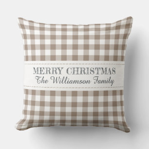 Coussin Joyeux Noël rustique Gingham Monogramme Nom