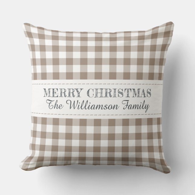 Coussin Joyeux Noël rustique Gingham Monogramme Nom (Recto)