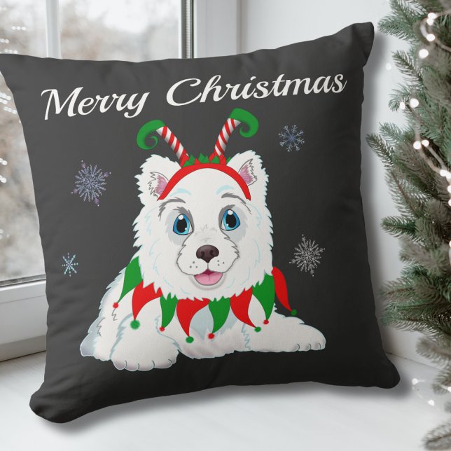 Coussin Joyeux Noël Samoyède avec serre-tête d'elfe (Créateur téléchargé)