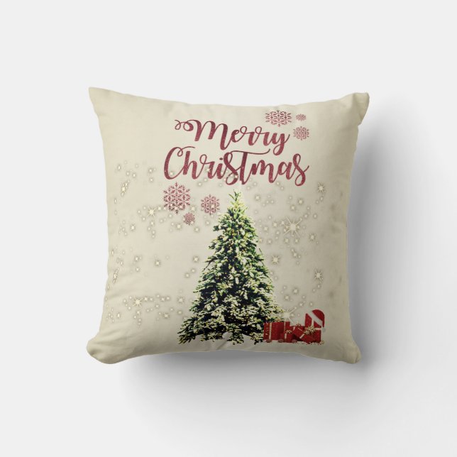 Coussin Joyeux Noël, sapins de Noël , cadeaux (Recto)