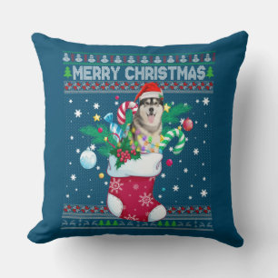 Coussin Joyeux Noël Sibérien Husky Chien Dans Sock Drôle