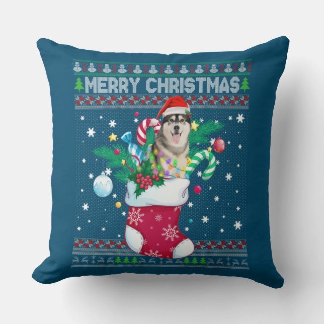 Coussin Joyeux Noël Sibérien Husky Chien Dans Sock Drôle (Recto)